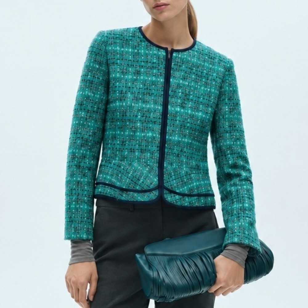 Sandro Tweed Zipped Jacket Crewneck Boucle Peplum Womens XL Teal Green